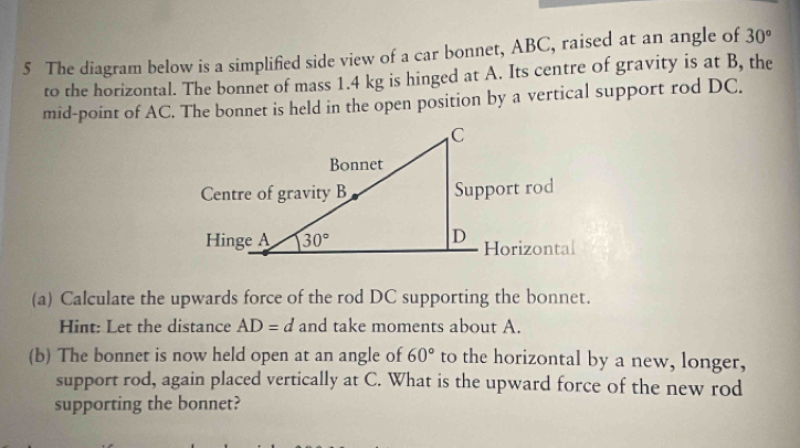 Solved: The diagram below is a simplified side view of a car bonnet ...