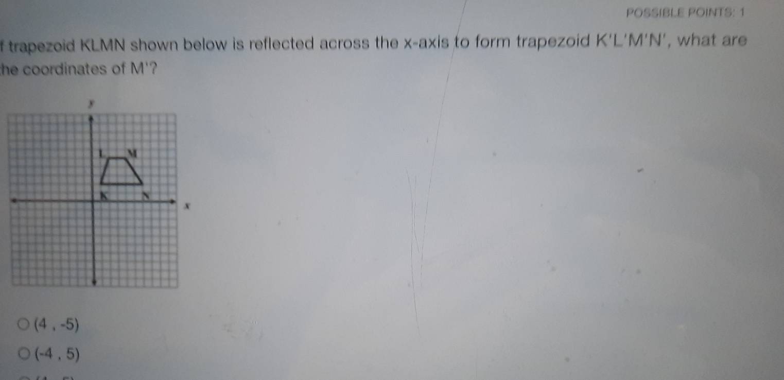 Solved: POSSIBLE POINTS: 1 f trapezoid KLMN shown below is reflected ...
