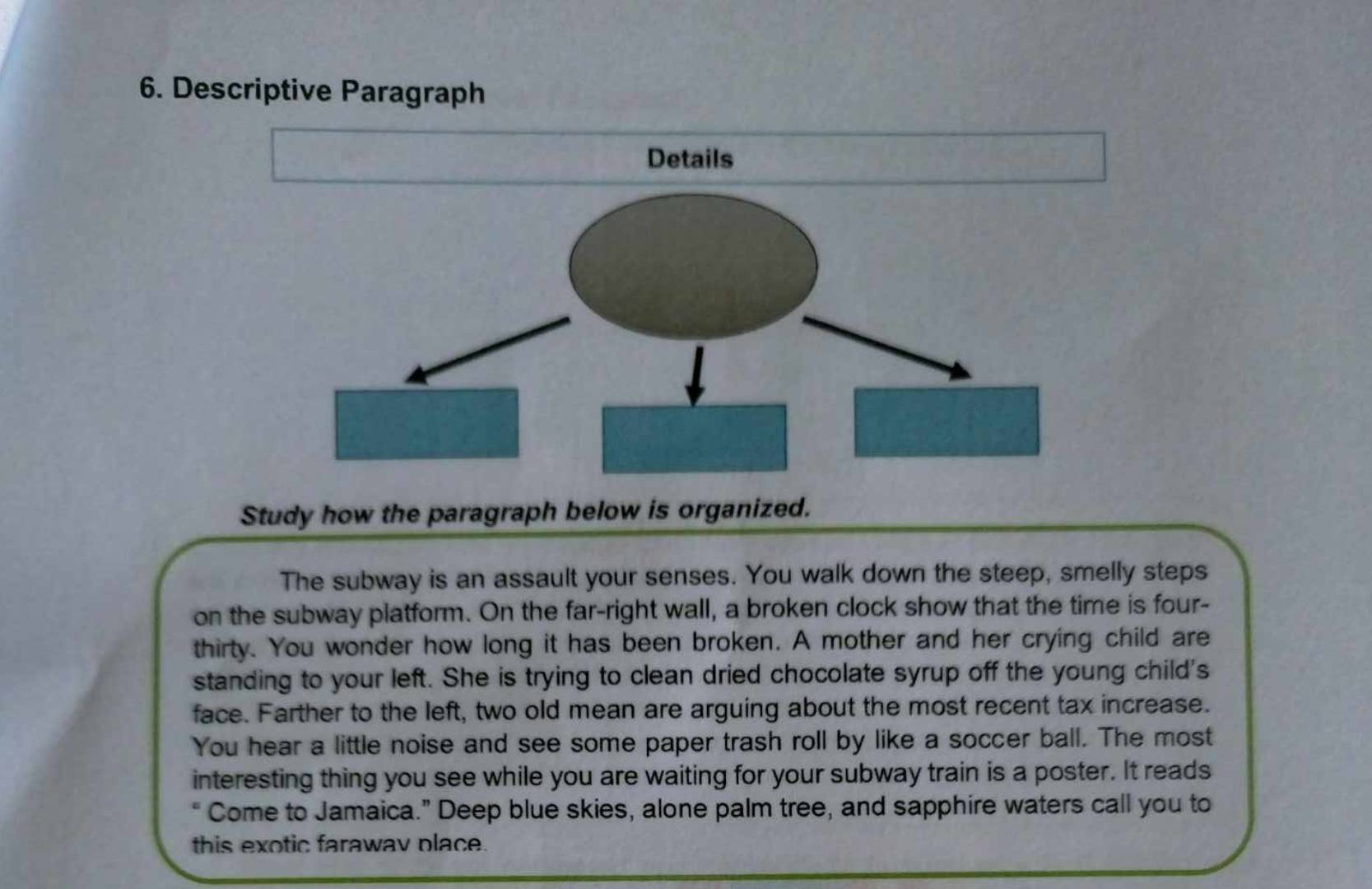 Descriptive Paragraph 
Details 
Study how the paragraph below is organized. 
The subway is an assault your senses. You walk down the steep, smelly steps 
on the subway platform. On the far-right wall, a broken clock show that the time is four- 
thirty. You wonder how long it has been broken. A mother and her crying child are 
standing to your left. She is trying to clean dried chocolate syrup off the young child's 
face. Farther to the left, two old mean are arguing about the most recent tax increase. 
You hear a little noise and see some paper trash roll by like a soccer ball. The most 
interesting thing you see while you are waiting for your subway train is a poster. It reads 
“ Come to Jamaica.” Deep blue skies, alone palm tree, and sapphire waters call you to 
this exotic farawav place.