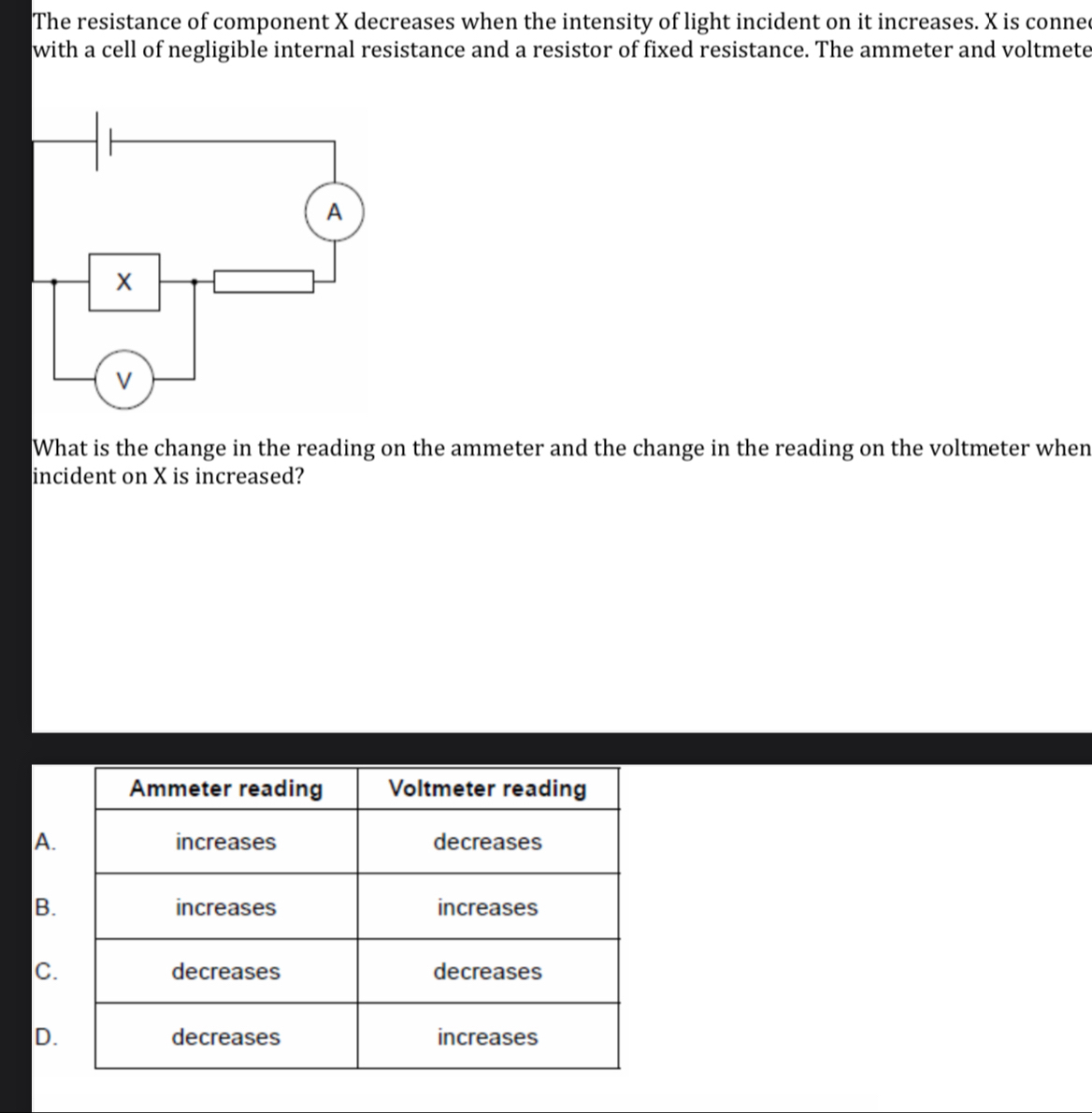 The resistance of component X decreases when the intensity of light incident on it increases. X is connec
with a cell of negligible internal resistance and a resistor of fixed resistance. The ammeter and voltmete
What is the change in the reading on the ammeter and the change in the reading on the voltmeter when
incident on X is increased?
A.
B.
C.
D.