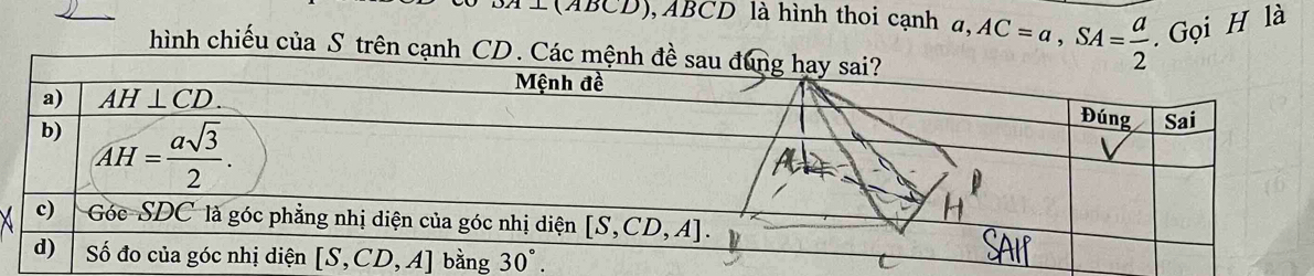 A ⊥ (ABCD), ABCD là hình thoi cạnh α, ,AC=a,SA= a/2 .  Gọi H là
hình chiếu của S trên cạnh CD. C