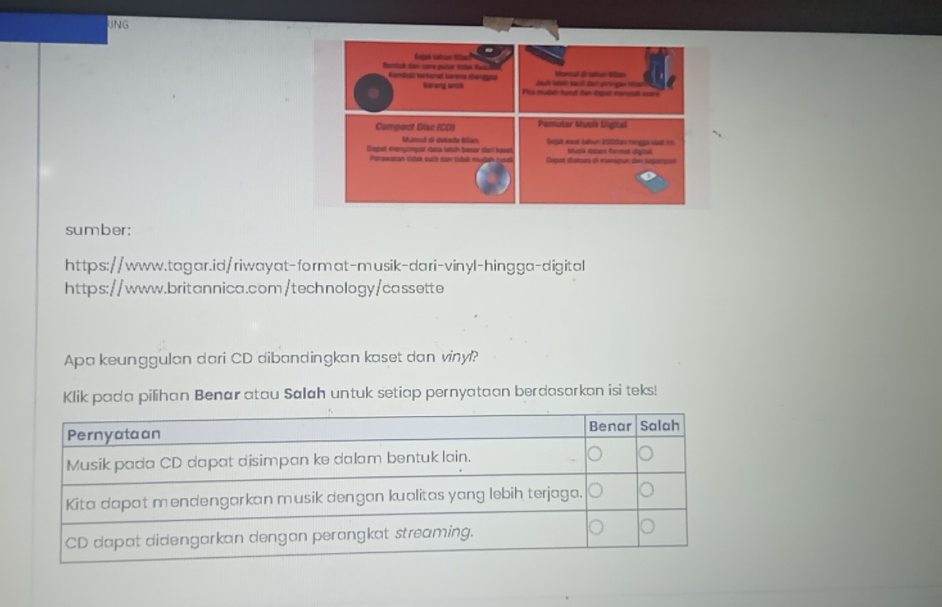 UNG 
sumber: 
https://www.tagar.id/riwayat-format-musik-dari-vinyl-hingga-digital 
https://www.britannica.com/technology/cassette 
Apa keunggulan dari CD dibandingkan kaset dan vinyl? 
Klik pada pilihan Benar atau Salah untuk setiap pernyataan berdasarkan isi teks!