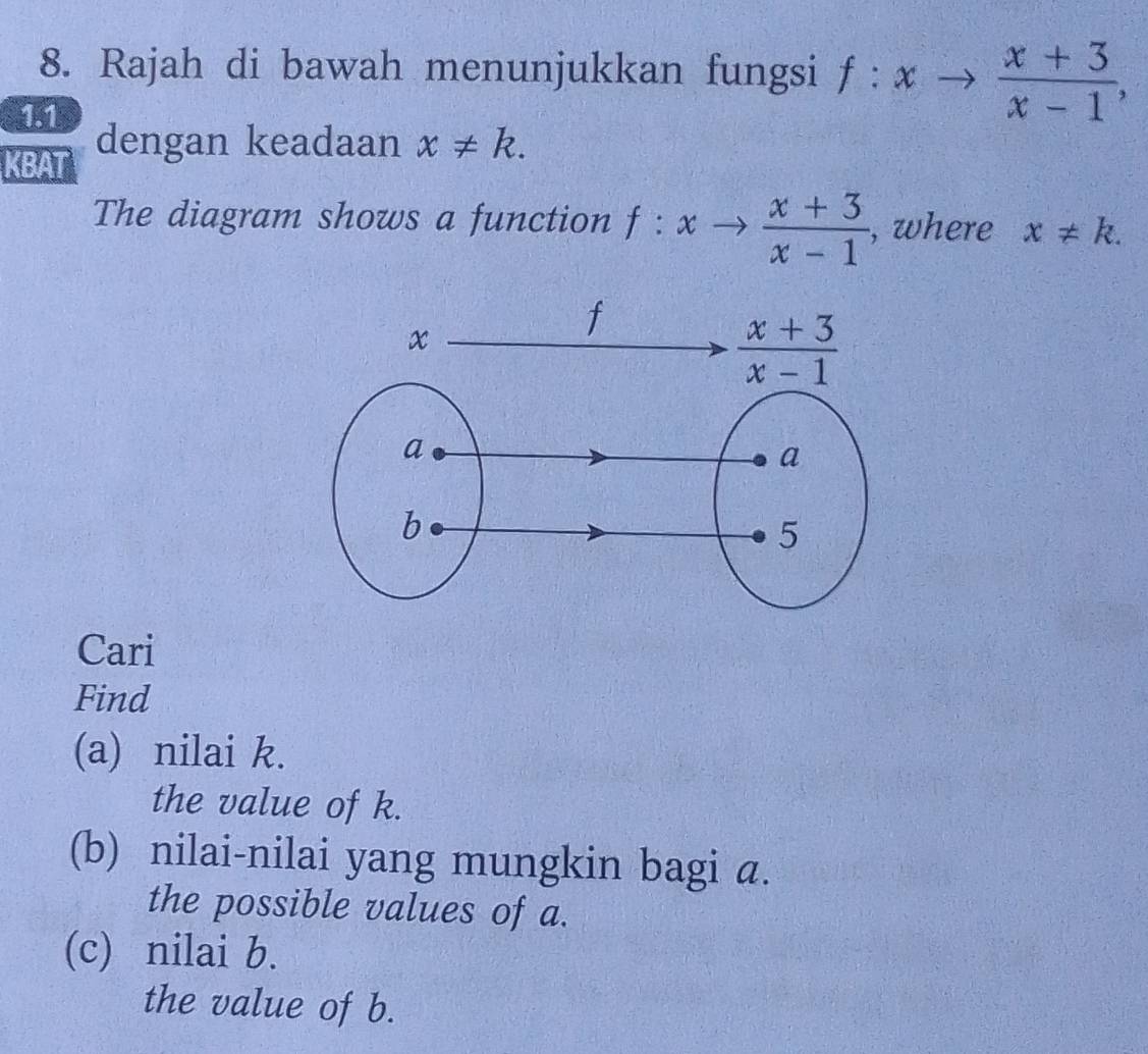 Rajah di bawah menunjukkan fungsi f:xto  (x+3)/x-1 ,
1.1
KBAT dengan keadaan x!= k.
The diagram shows a function f:xto  (x+3)/x-1  , where x!= k.
Cari
Find
(a) nilai k.
the value of k.
(b) nilai-nilai yang mungkin bagi a.
the possible values of a.
(c) nilai b.
the value of b.