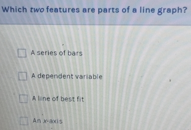 Which two features are parts of a line graph?
A series of bars
A dependent variable
A line of best fit
An x-axis