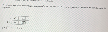 Box Use numerals irsteae of wordi
expresasion Complete the area model represenong the aolynonsal x^2-11x+20. What is the factored for of the polynomial? Use the model to newnite the
4
(x+□ )(□ -n