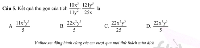 Kết quả thu gọn của tích  10x^3/11y^2 ·  121y^5/25x  là
A.  11x^2y^3/5  B.  22x^2y^3/5  C.  22x^2y^3/25  D.  22x^3y^3/5 
Vuihoc.vn đồng hành cùng các em vượt qua mọi thử thách mùa dịch