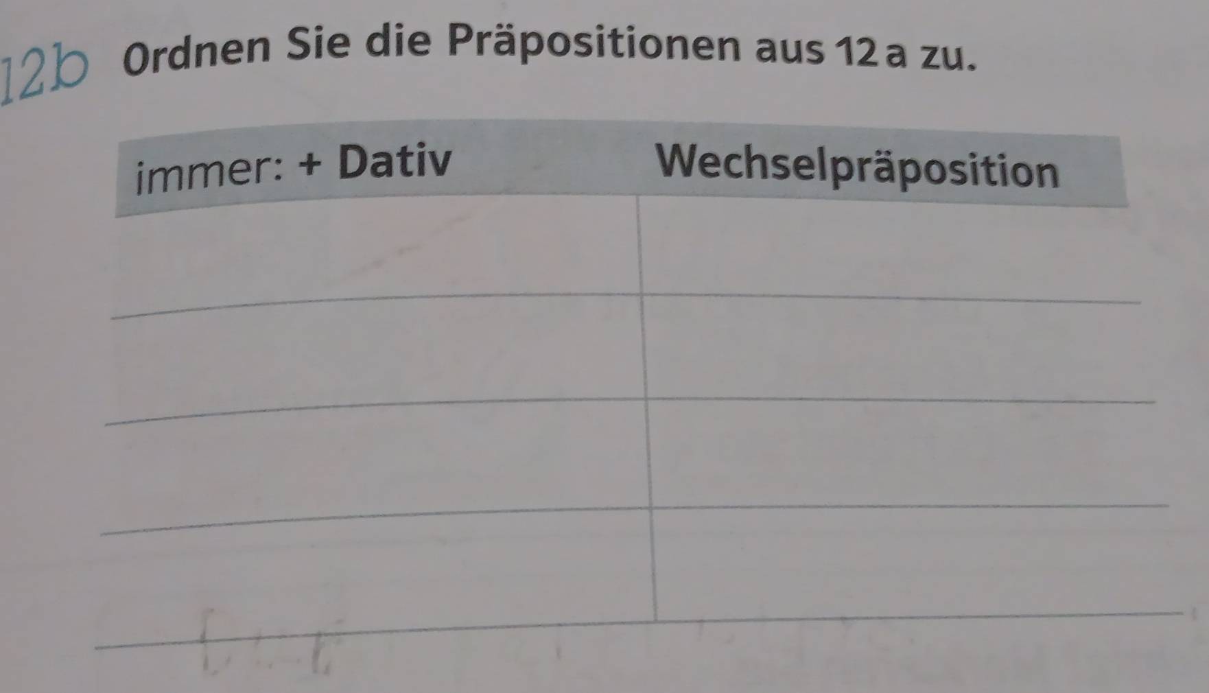 Ordnen Sie die Präpositionen aus 12 a zu.