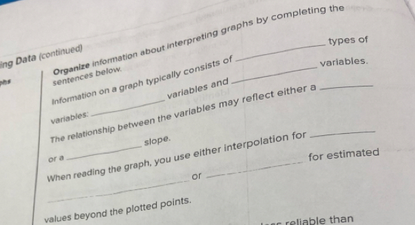 types of 
p s sentences below. Organize information about interpreting graphs by completing the 
ing Data (continued) 
Information on a graph typically consists of 
variables. 
variables and 
The relationship between the variables may reflect either a_ 
_ 
variables: 
slope. 
When reading the graph, you use either interpolation for 
or a 
for estimated 
_ 
or 
values beyond the plotted points. 
r reiable than