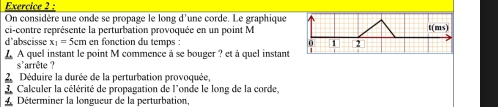 On considère une onde se propage le long d'une corde. Le graphique 
ci-contre représente la perturbation provoquée en un point M
t(ms)
d'abscisse x_1=5cm en fonction du temps : 1 2 
L A quel instant le point M commence à se bouger ? et à quel instant 
s arrête 
2 Déduire la durée de la perturbation provoquée, 
3. Calculer la célérité de propagation de l'onde le long de la corde 
4 Déterminer la longueur de la perturbation,