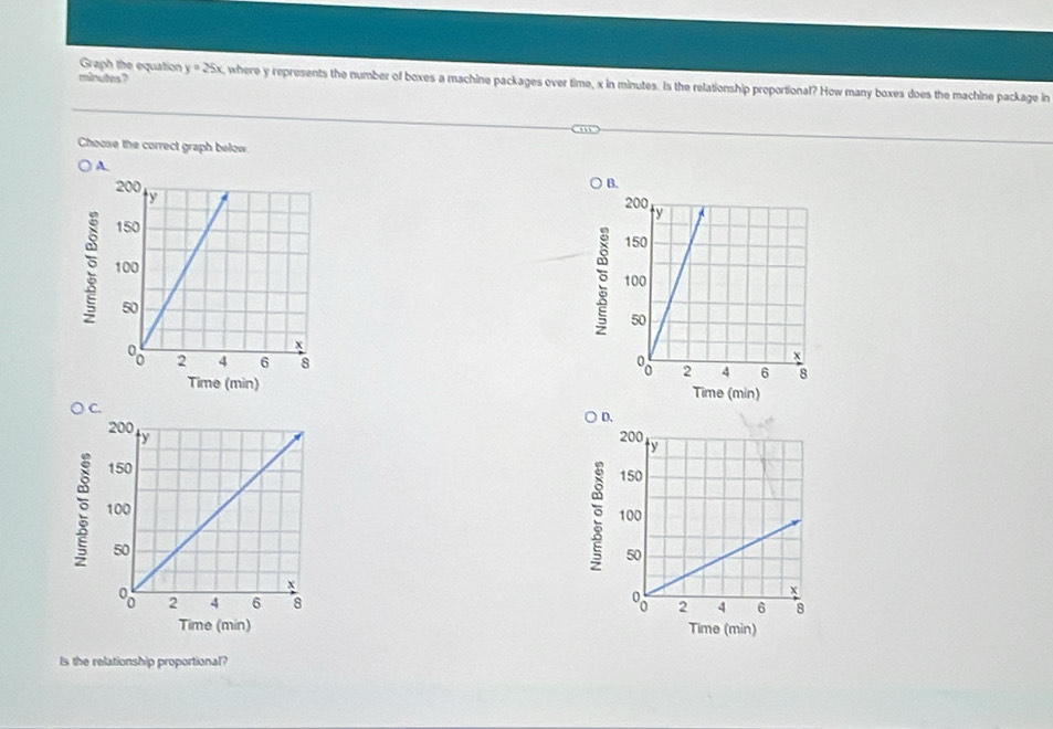 Graph the equation minutes ?
y=25x , where y represents the number of boxes a machine packages over time, x in minutes. Is the relationship proportional? How many boxes does the machine package in
Choose the correct graph below
A.
B.

Time (min) Time (min)
C.
D.

Time (min) Time (min)
Is the relationship proportional?