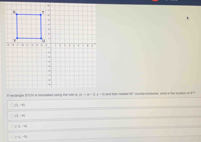 If rectangle STUV is translate and then rotated 90° counterclockwise, what is the location of S° ?
(3,-9)
(3,-4)
(-2,-4)
(-2,-9)