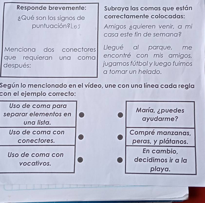 Responde brevemente: Subraya las comas que están 
¿Qué son los signos de correctamente colocadas: 
puntuación? Amigos ¿quieren venir, a mi 
casa este fin de semana? 
Menciona dos conectores Llegué al parque, me 
que requieran una coma encontré con mis amigos, 
después: jugamos fútbol y luego fuimos 
a tomar un helado. 
Según lo mencionado en el vídeo, une con una línea cada regla 
con el ejemplo correcto: 
Uso de coma para 
María, ¿puedes 
separar elementos en 
una lista. ayudarme? 
Uso de coma con Compré manzanas, 
conectores. peras, y plátanos. 
En cambio, 
Uso de coma con decidimos ir a la 
vocativos. 
playa.