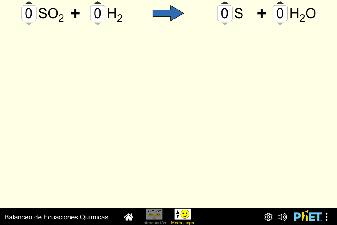 0SO_2+0H_2
OS+OH_2O
X + Y → XY
Balanceo de Ecuaciones Químicas PhET : 
Introducción Modo juego