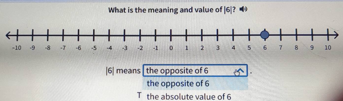 What is the meaning and value of |6|? )
|6| means the opposite of 6
the opposite of 6
T the absolute value of 6