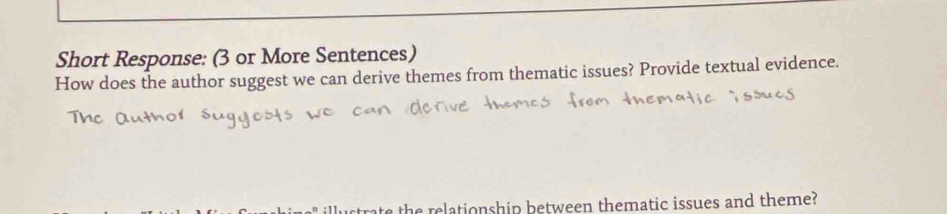 Short Response: (3 or More Sentences) 
How does the author suggest we can derive themes from thematic issues? Provide textual evidence. 
strate the relationship between thematic issues and theme?