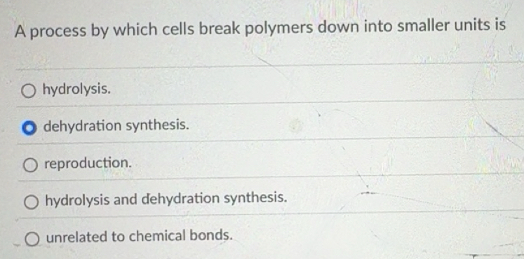 Solved: A process by which cells break polymers down into smaller units ...