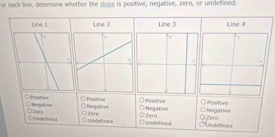 or each line, determine whether the slope is positive, negative, zero, or undefined.
Line 1 Line 2 Line 3 Line 4
J
3
Positive Positive Positive Positive
Negative Negative Negative Negative
Zero Zero Zero Zero
Undefined Undefined Undefined Undefined