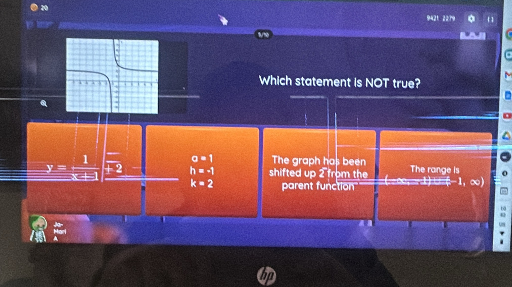 20
9421 2279
Which statement is NOT true?
a
a=1 The graph has been
y= 1/x+1  mp 2 The range is o
h=-1
shifted up 2 from the
k=2 1)∪(-1,∞)
parent function
10
42
us