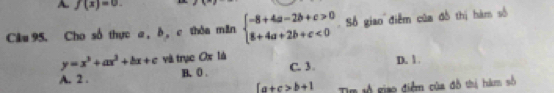 A f(x)=0. 
Câu 95. Cho số thực a, δ, c thôa măn beginarrayl -8+4a-2b+c>0 8+4a+2b+c<0endarray. Số giao điễm của đồ thị hàm số
y=x^3+ax^2+bx+c và trục Ox là
A. 2. B. 0. C. 3. D. 1.
[a+c>b+1 T tổ giao điểm của đô thị hàm số