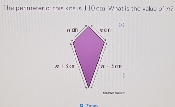 The perimeter of this kite is 110 cm. What is the value of n?
Not dravn accurstely
Q Zoom