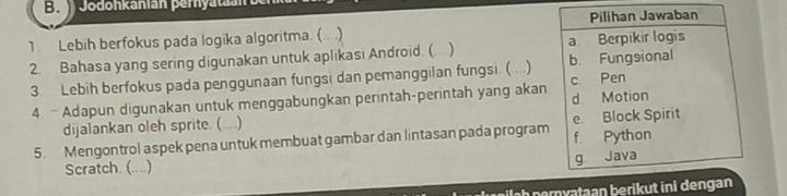 Jodonkanián pernyataa
Pilihan Jawaban
1. Lebih berfokus pada logika algoritma. (. )
2. Bahasa yang sering digunakan untuk aplikasi Android. (. ) a Berpikir logis
3. Lebih berfokus pada penggunaan fungsi dan pemanggilan fungsi. ( ...) b. Fungsional
4. - Adapun digunakan untuk menggabungkan perintah-perintah yang akan c Pen d Motion
dijalankan oleh sprite. ( )
5. Mengontrol aspek pena untuk membuat gambar dan lintasan pada program e. Block Spirit f. Python
g Java
Scratch. (....)
lah peryataan berikut ini dengan