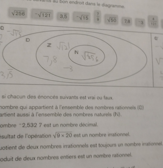 ants au bon endroit dans le diagramme.
sqrt(256) -sqrt(121) 3,overline 5 -sqrt(15)  7/9  sqrt(50) 7,8 -3  4/121 
Q 
si chacun des énoncés suivants est vrai ou faux. 
nombre qui appartient à l'ensemble des nombres rationnels (Ω) 
artient aussi à l'ensemble des nombres naturels (N). 
ombre −2,532 7 est un nombre décimal. 
ésultat de l'opération sqrt(9* 20) est un nombre irrationnel. 
uotient de deux nombres irrationnels est toujours un nombre irrationnel. 
roduit de deux nombres entiers est un nombre rationnel.