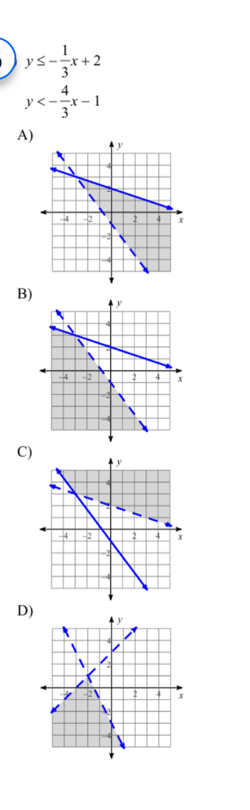 y≤ - 1/3 x+2
y<- 4/3 x-1
A)
B)
C)
D)