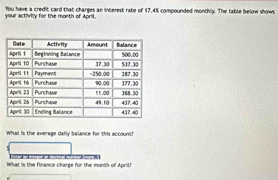 You have a credit card that charges an interest rate of 17.4% compounded monthly. The table below shows 
your activity for the month of April. 
What is the average daily balance for this account? 
s 
Enter an integer or decimal number Imore. 
What is the finance charge for the month of April?