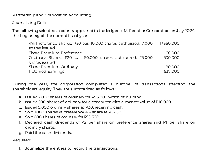 Partnership and Corporation Accounting 
Journalizing Drill: 
The following selected accounts appeared in the ledger of M. Penaflor Corporation on July 202A, 
the beginning of the current fiscal year:
4% Preference Shares, P50 par, 10,000 shares authorized, 7,000 P 350,000
shares issued 
Share Premium-Preference 28,000
Orcinary Shares, P20 par, 50,000 shares authorized, 25,000 500,000
shares issued 
Share Premium-Ordinary 90,000
Retained Earnings 537,000
During the year, the corporation completed a number of transactions affecting the 
shareholders' equity. They are summarized as follows: 
a. Issued 2,000 shares of ordinary for P55,000 worth of building. 
b. Issued 500 shares of ordinary for a computer with a market value of P16,000. 
c. Issued 5,000 ordinary shares at P30, receiving cash. 
d. Sold 1,000 shares of preference 4% share at P52.50. 
e. Sold 600 shares of ordinary for P15,600. 
f, Declared cash dividends of P2 per share on preference shares and P1 per share on 
ordinary shares. 
g. Paid the cash dividends. 
Required: 
1. Journalize the entries to record the transactions.