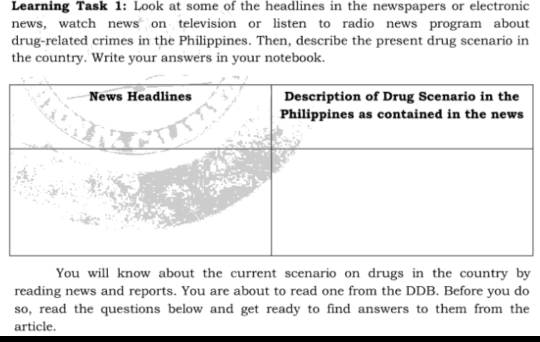 Learning Task 1: Look at some of the headlines in the newspapers or electronic 
news, watch news on television or listen to radio news program about 
drug-related crimes in the Philippines. Then, describe the present drug scenario in 
the country. Write your answers in your notebook. 
You will know about the current scenario on drugs in the country by 
reading news and reports. You are about to read one from the DDB, Before you do 
so, read the questions below and get ready to find answers to them from the 
article.