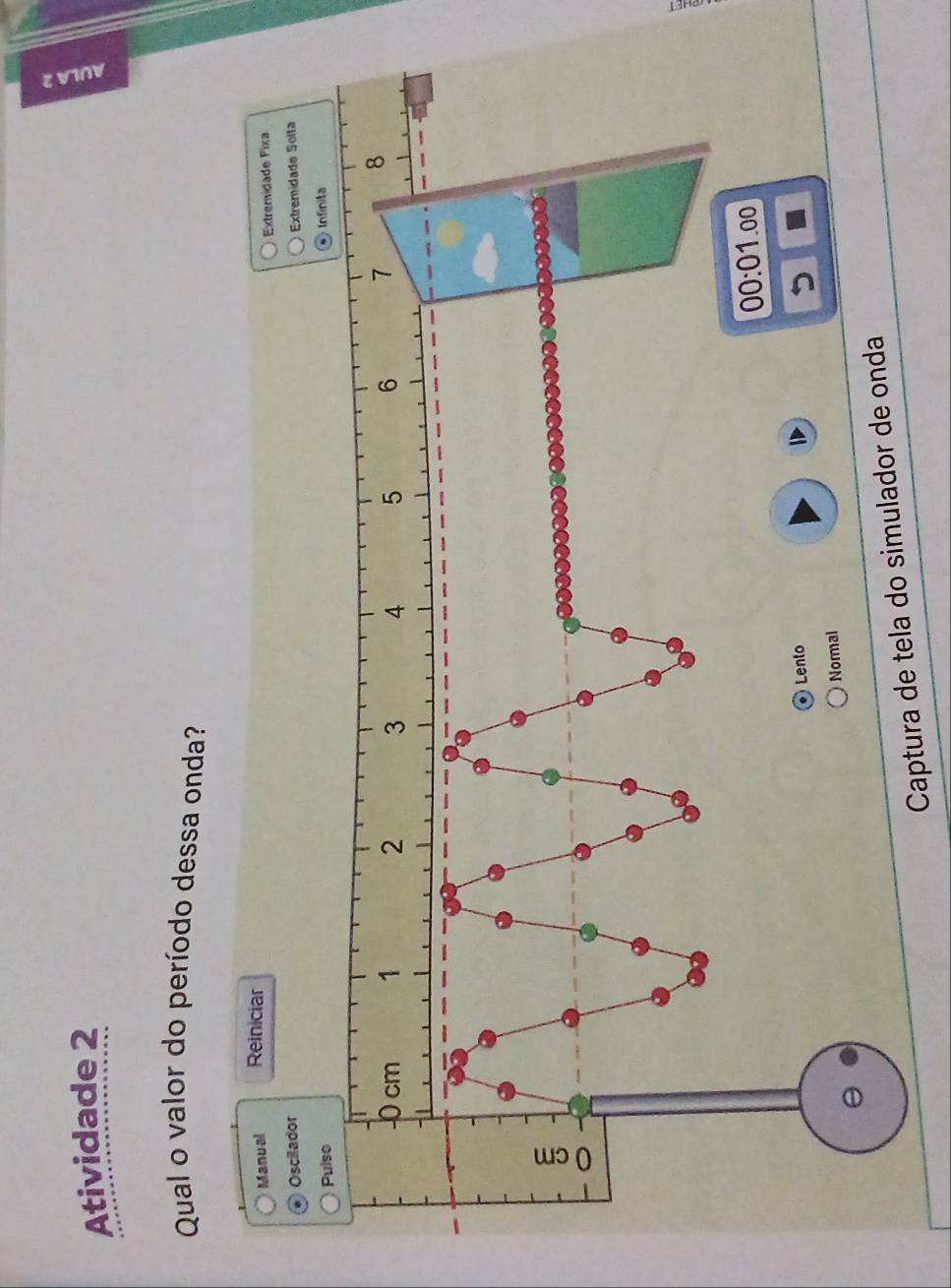 Atividade 2
Qual o valor do período dessa onda?
Manual Reiniciar
Extremidade Fixa
Oscilador Extremidade Solta