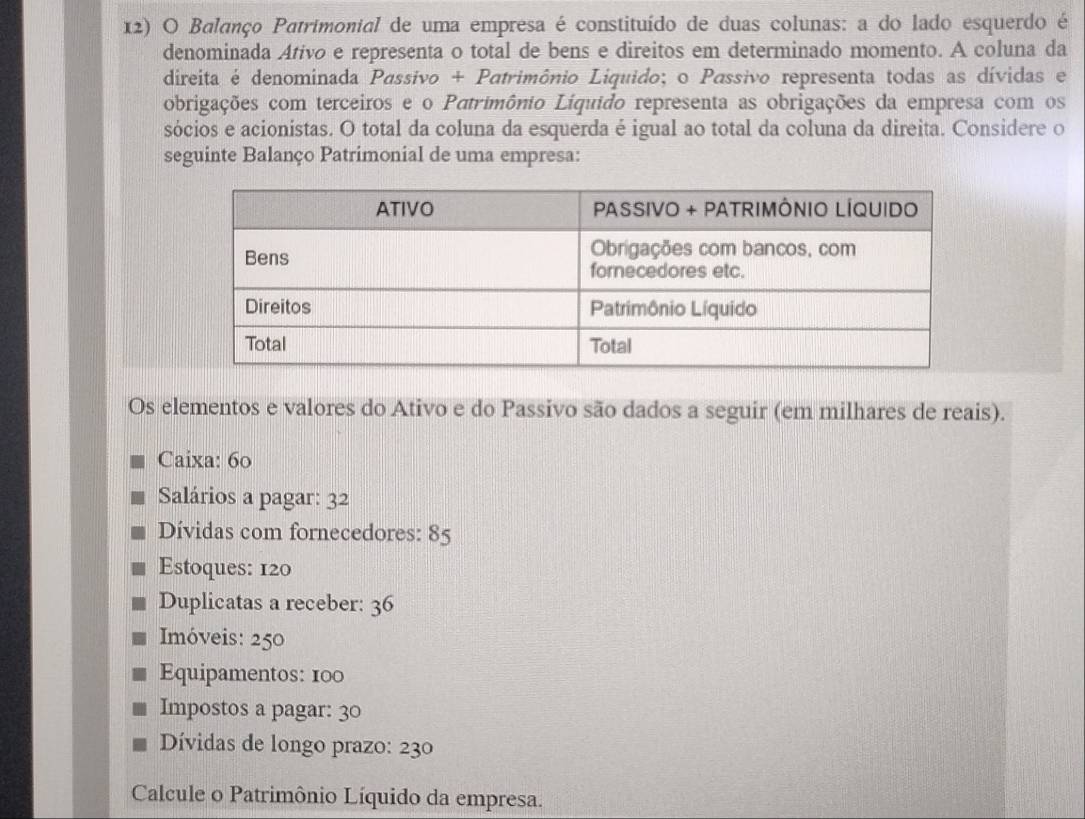 Balanço Patrimonial de uma empresa é constituído de duas colunas: a do lado esquerdo é 
denominada Ativo e representa o total de bens e direitos em determinado momento. A coluna da 
direita é denominada Passivo + Patrimônio Liquido; o Passivo representa todas as dívidas e 
obrigações com terceiros e o Patrimônio Líquido representa as obrigações da empresa com os 
sócios e acionistas. O total da coluna da esquerda é igual ao total da coluna da direita. Considere o 
seguinte Balanço Patrimonial de uma empresa: 
Os elementos e valores do Ativo e do Passivo são dados a seguir (em milhares de reais). 
Caixa: 60
Salários a pagar: 32
Dívidas com fornecedores: 85
Estoques: 120
Duplicatas a receber: 36
Imóveis: 250
Equipamentos: 100
Impostos a pagar: 30
Dívidas de longo prazo: 230
Calcule o Patrimônio Líquido da empresa.