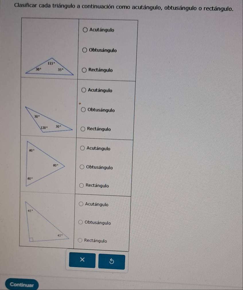 Clasificar cada triángulo a continuación como acutángulo, obtusángulo o rectángulo.
Continuar