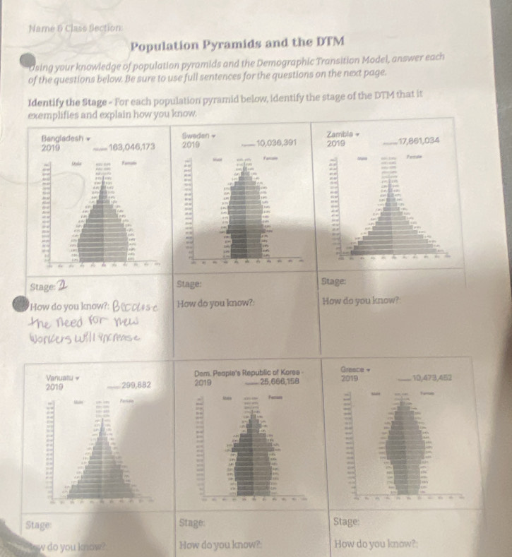 Name 6 Class Section 
Population Pyramids and the DTM 
asing your knowledge of population pyramids and the Demographic Transition Model, answer each 
of the questions below. Be sure to use full sentences for the questions on the next page. 
Identify the Stage - For each population pyramid below, identify the stage of the DTM that it 
exemplifies and explain how you know. 



Stage: Stage: Stage: 
How do you know?: How do you know?: How do you know? 
Greace « 
2019 _10,473,452 

, 
“ n 6 
Stage: Stage: Stage: 
w do you know? How do you know?: How do you know?: