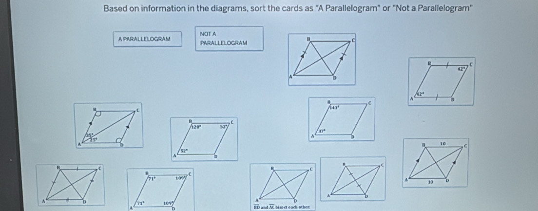 Based on information in the diagrams, sort the cards as ''A Parallelogram'' or "Not a Parallelogram"
A PARALLELOGRAM NOT A
PARALLELOGRAM
B ,c
42°
42°
A D
B C
B C
143°
,C
128° 52
37°
35°
25°
A D
A
B 10 C
52°
4 D
B C
A 10 D
A b
and overline AC