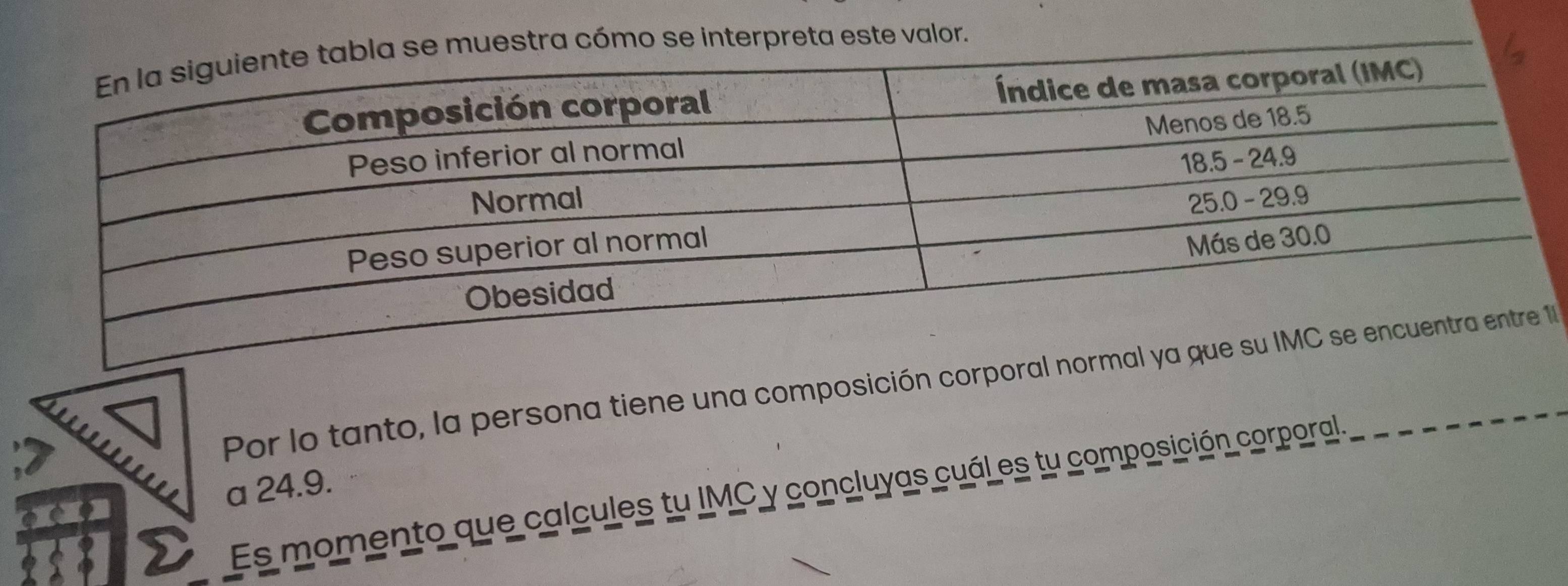 a cómo se interpreta este valor. 
Por lo tanto, la persona tiene una composición corpor 
a 24.9. Es momento que calcules tu IMC y concluyas cuál es tu composición corporal.