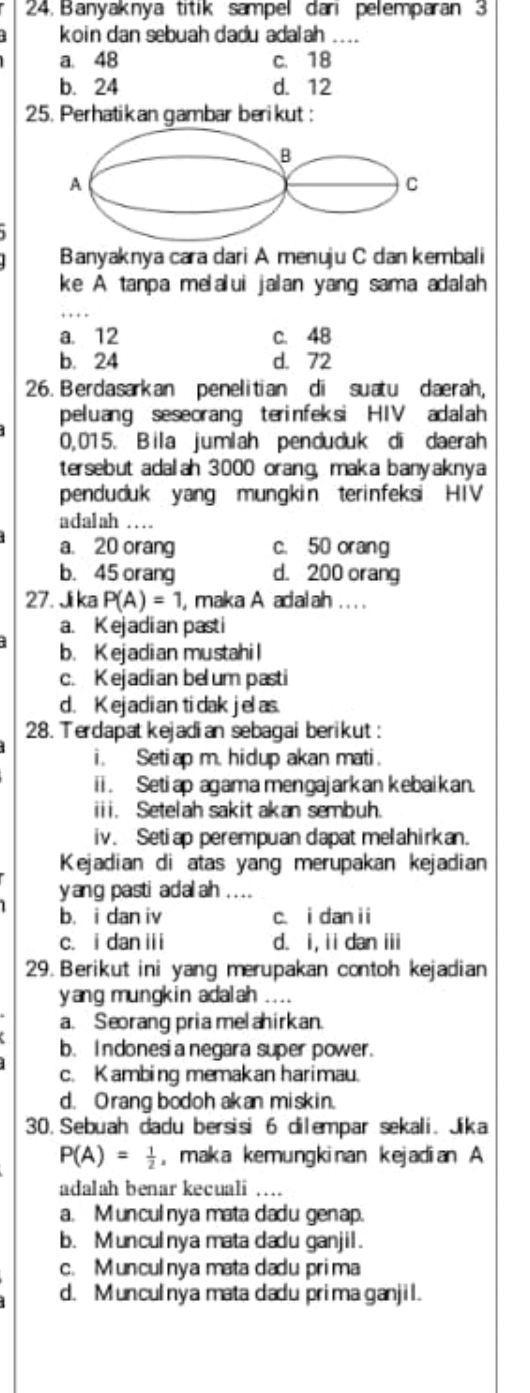 Banyaknya titik sampel dari pelemparan 3
koin dan sebuah dadu adalah ....
a. 48 c. 18
b. 24 d. 12
25. Perhatikan gambar berikut :
Banyaknya cara dari A menuju C dan kembali
ke A tanpa melalui jalan yang sama adalah
_
a. 12 c. 48
b. 24 d. 72
26. Berdasarkan penelitian di suatu darah,
peluang seseorang terinfeksi HIV adalah
0,015. Bila jumlah penduduk di daerah
tersebut adalah 3000 orang, maka banyaknya
penduduk yang mungkin terinfeks HIV
adalah …
a. 20 orang c. 50 orang
b. 45 orang d. 200 orang
27. Ji ka P(A)=1 , maka A adalah .. . .
a. K ejadian pasti
b. K ejadian mustahi l
c. Kejadian bel um pasti
d. K ejadi an ti dak jel as.
28. Terdapat kejadian sebagai berikut:
i. Setiap m. hidup akan mati.
ii. Setiap agama mengajarkan kebaikan.
iii. Setelah sakit akan sembuh.
iv. Setiap perempuan dapat melahirkan.
Kejadian di atas yang merupakan kejadian
yang pasti adalah .....
b. i dan iv c. i dan i i
c. i danii d. i, ii dan iii
29. Berikut ini yang merupakan contoh kejadian
yang mungkin adalah ....
a. Seorang pria mel ahirkan.
b. Indonesia negara super power.
c. K ambing memakan harimau.
d. Orang bodoh akan miskin.
30. Sebuah dadu bersisi 6 dilempar sekali. Jika
P(A)= 1/2  ,maka kemungkinan kejadian A
adalah benar kecuali ....
a. Munculnya mata dadu genap.
b. Munculnya mata dadu ganjil.
c. Munculnya mata dadu prima
d. Munculnya mata dadu prima ganjil.