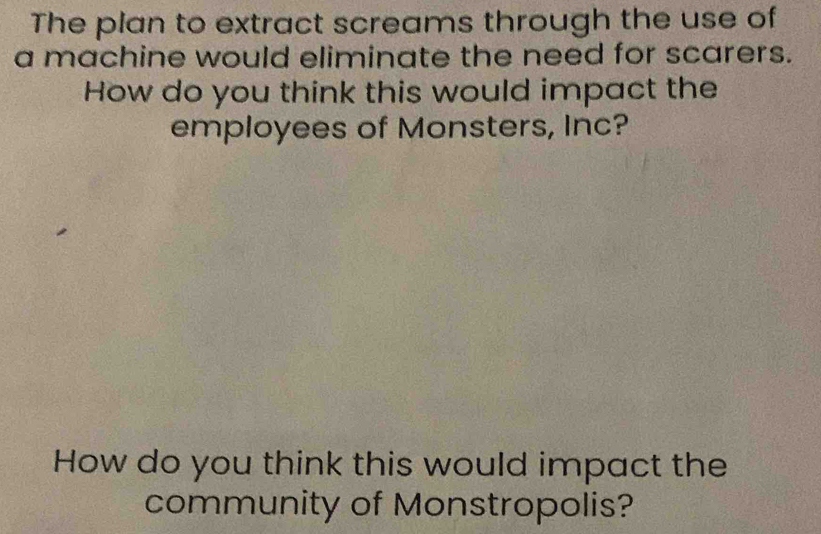 The plan to extract screams through the use of 
a machine would eliminate the need for scarers. 
How do you think this would impact the 
employees of Monsters, Inc? 
How do you think this would impact the 
community of Monstropolis?