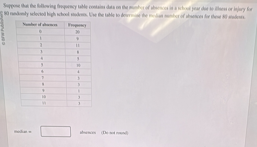 Suppose that the following frequency table contains data on the number of absences in a school year due to illness or injury for
80 randomly selected high school students. Use the table to determine the mcdian number of absences for these 80 students, 
:
median=□ absences (Do not round)