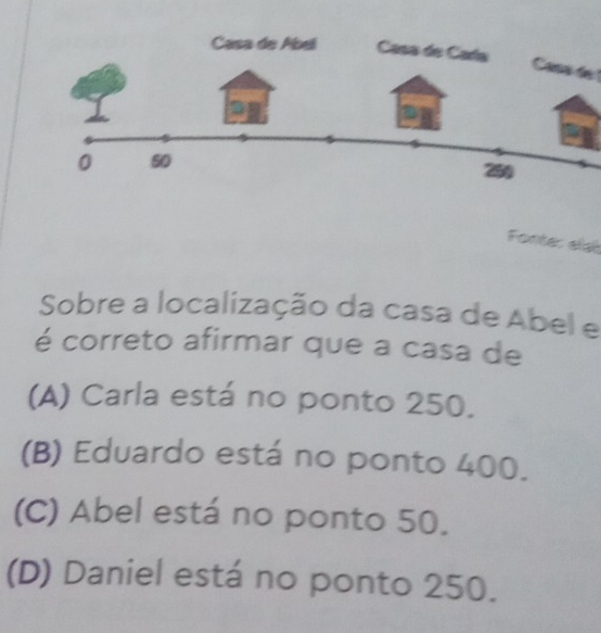 Casa de Abel Casa de Cada
Casa de
Fonte: elat
Sobre a localização da casa de Abel e
é correto afirmar que a casa de
(A) Carla está no ponto 250.
(B) Eduardo está no ponto 400.
(C) Abel está no ponto 50.
(D) Daniel está no ponto 250.