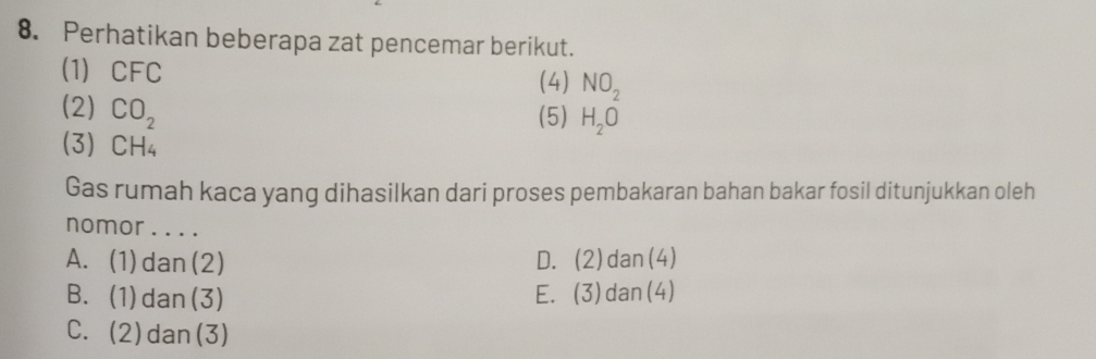 Perhatikan beberapa zat pencemar berikut.
(1) CFC
(4) NO_2
(2) CO_2
(5) H_2O
(3) CH₄
Gas rumah kaca yang dihasilkan dari proses pembakaran bahan bakar fosil ditunjukkan oleh
nomor....
A. (1)dan(2) D. (2)dan(4)
B. (1)dan(3) E. (3)dan(4)
C. (2)dan(3)