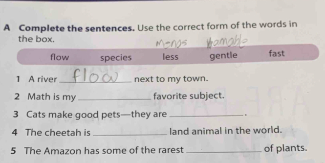 A Complete the sentences. Use the correct form of the words in
the box.
flow species less gentle fast
1 A river _next to my town.
2 Math is my _favorite subject.
3 Cats make good pets—they are _.
4 The cheetah is _land animal in the world.
5 The Amazon has some of the rarest _of plants.