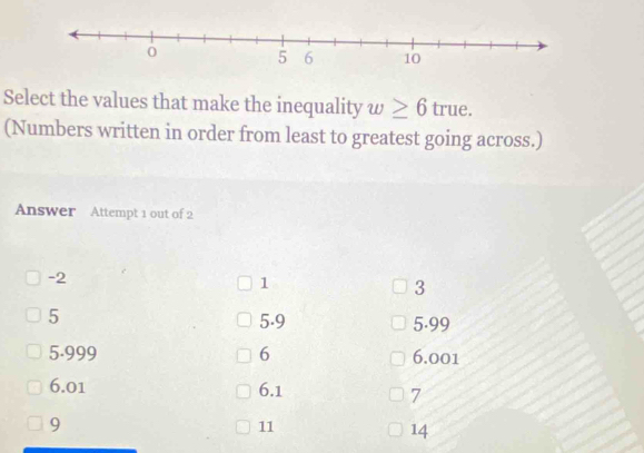 Select the values that make the inequality w≥ 6 t
true.
(Numbers written in order from least to greatest going across.)
Answer Attempt 1 out of 2
-2
1
3
5 5.9 5.99
5.999 6 6.001
6.01 6.1
7
9
11
14