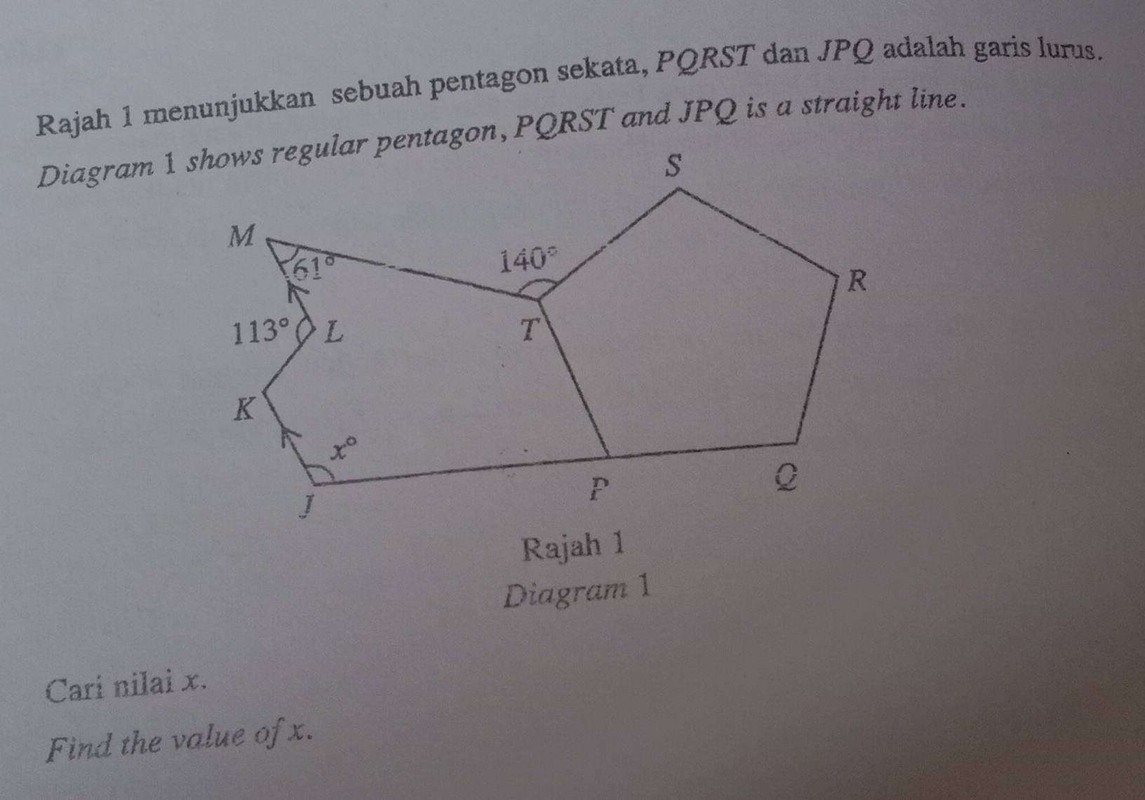 Rajah 1 menunjukkan sebuah pentagon sekata, PQRST dan JPQ adalah garis lurus.
Rajah 1
Diagram 1
Cari nilai x.
Find the value of x.