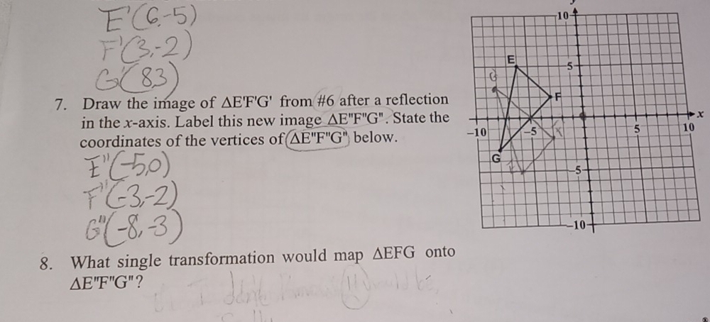 Draw the image of △ E'F'G' from #6 after a reflection 
in the x-axis. Label this new image △ E''F''G''. State the 
coordinates of the vertices of △ E''F''G'' below. 
8. What single transformation would map △ EFG onto
△ E''F''G'' ?