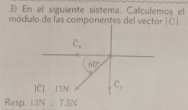 En el siguiente sistema. Calculemos el 
módulo de las componentes del vector CI
C_x
60°
[C] 15N +1
Resp. 13N ； 7.5N