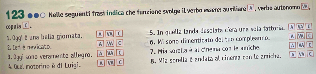 123 ●●○ Nelle seguenti frasi indica che funzione svolge il verbo essere: ausiliare A, verbo autonomo VA ,
copula C. A VA C
1. Oggi è una bella giornata. A VA C 5. In quella landa desolata c’era una sola fattoria.
2. Ieri è nevicato. A VA C 6. Mi sono dimenticato del tuo compleanno. A VA C
3. Oggi sono veramente allegro. A VA C 7. Mia sorella è al cinema con le amiche. A VA C
4. Quel motorino è di Luigi. A VA C 8. Mia sorella è andata al cinema con le amiche. A VA C