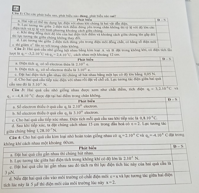 d/s
Câu 1: Cho các phát biểu sau
cầu nhỏ giống hệt nhau bằng kim loại A và B đặt trong không khí, có điện tích lần
lượt là q_1=-3,2.10^(-7)C và
g
Câu 4: Cho hai quả cầu kim loại nhỏ hoàn toàn giống nhau có q_1=2.10^(-8)C và q_2=-4.10^(-8)C đặt trong