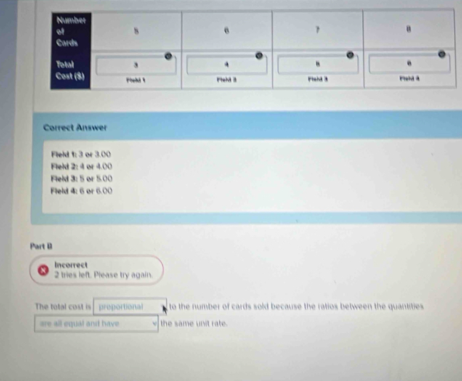 Correct Answer
Field 1: 3 or 3.00
Field 2: 4 or 4.00
Field 3: 5 or 5.00
Field 4: 6 or 6.00
Part B
Incorrect
2 tries left. Please try again.
The total cost is proportional to the number of cards sold because the ratios between the quantities .
are all equal and have the same unit rate.