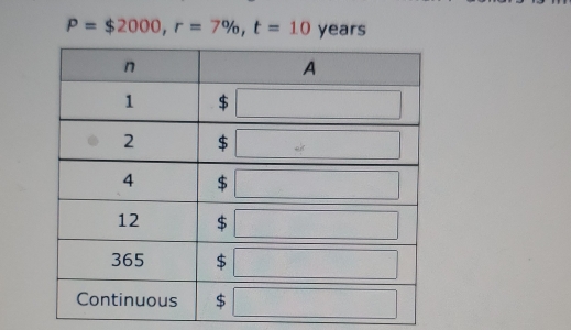 P=$2000,r=7% ,t=10 years